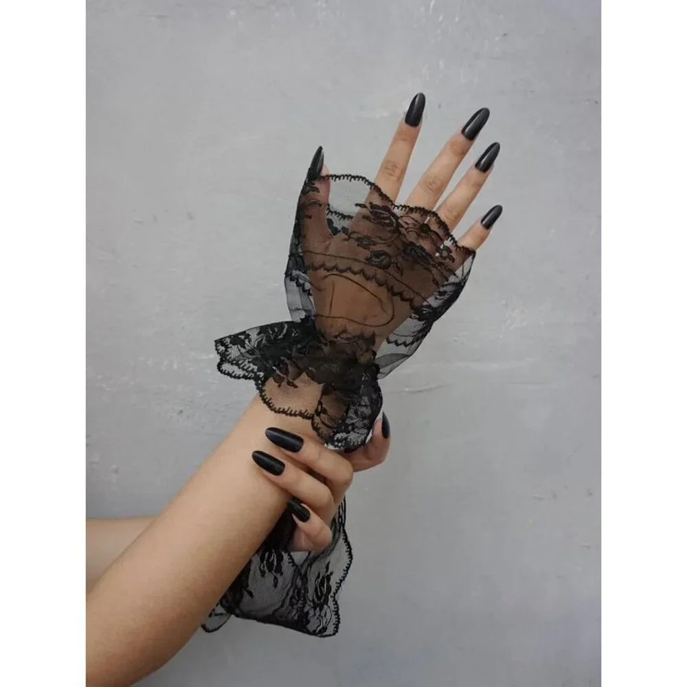 Women's Front Wrist Cuff Floral Lace Bow Wrist Black Solid Bridal Prom Gloves